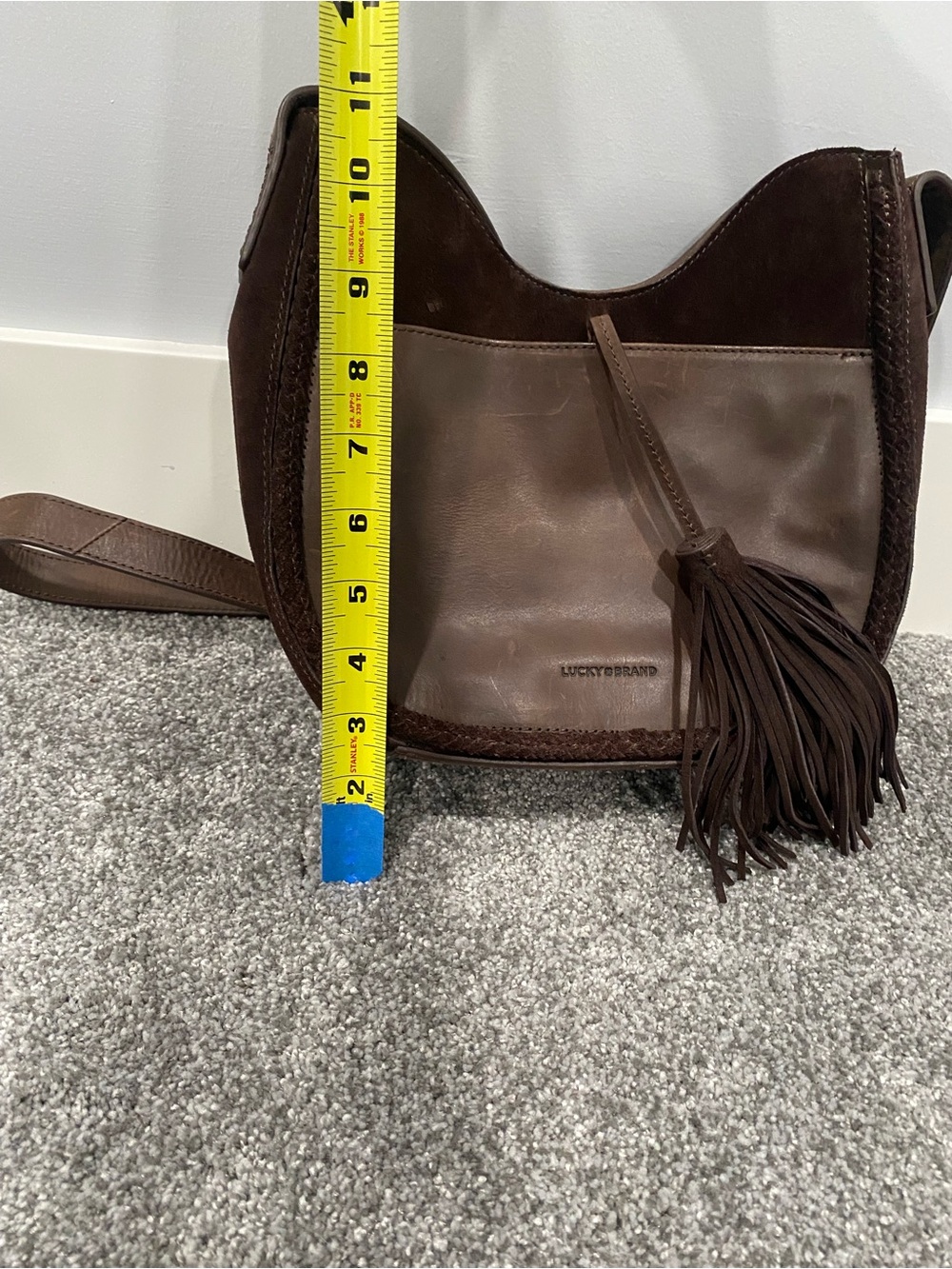 Lucky Brand Dark Brown Suede Leather Crossbody Bag Hobo Purse Leather Tassel - Picture 10 of 10